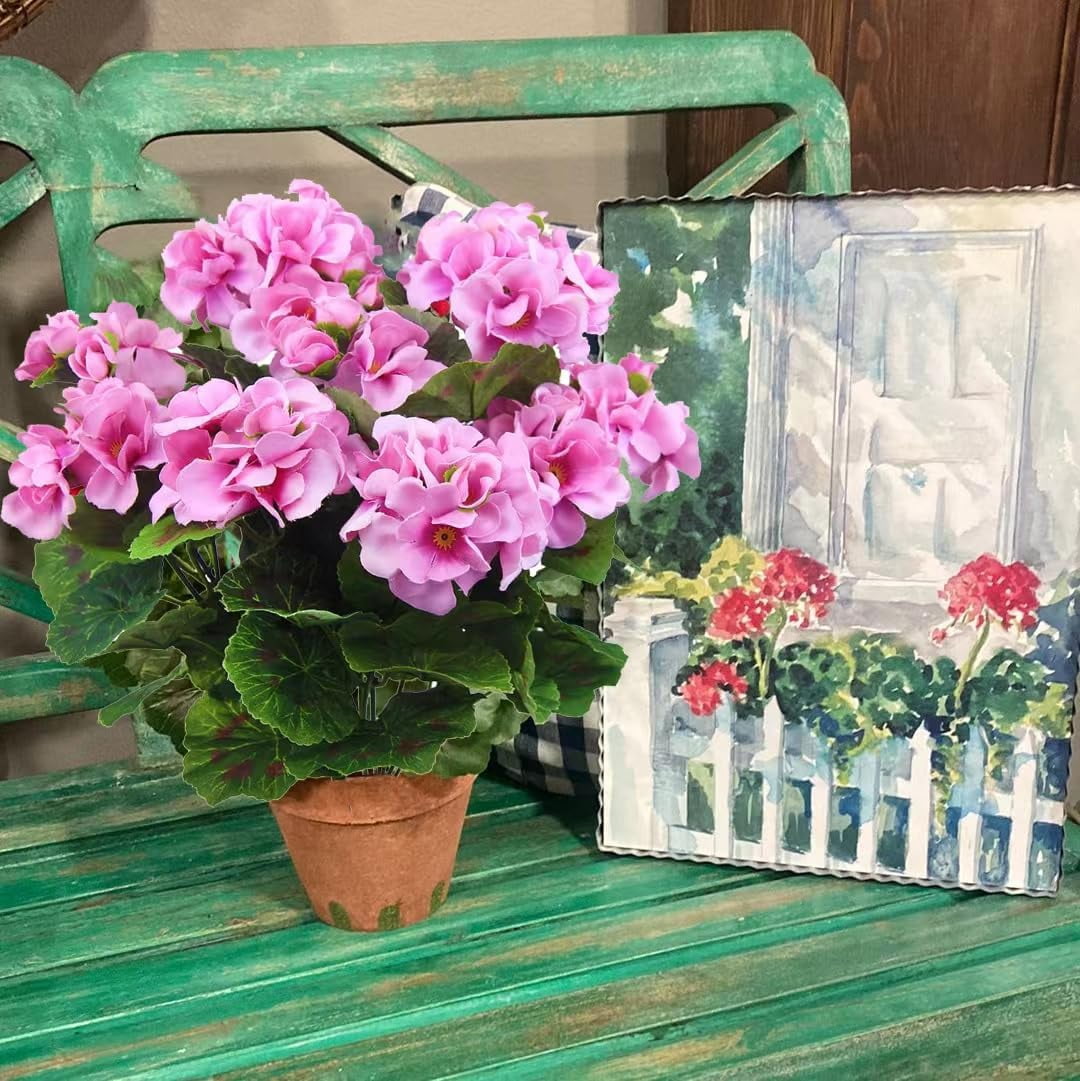 2pcsArtificial Geraniums Silk Flowers Outdoor Artificial Red Geranium Bush Faux Flowers Red Geraniums for Floral Home Decor Indoor Garden Patio Grave Cemetary Vase Table Centerpiece