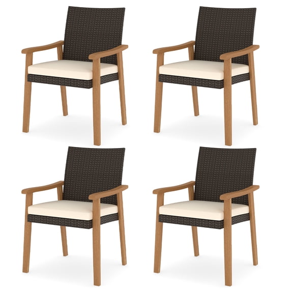 Gymax Patio Dining Chair 4 PCS w/Cushion Wood Armrests Metal Frame for Garden Off White