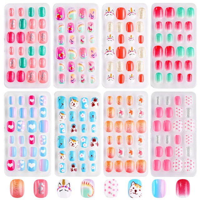 192 piezas de uñas postizas para niños Jsiallye uñas postizas para niños con pegamento en las uñas puntas de uñas postizas artificiales prepegamento completa flamenco unicornio uñas cortas para niña