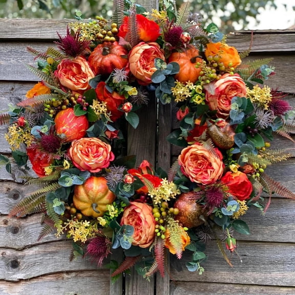 Dserhfy Autumn Peony Pumpkin Wreath Artificial Twig Garland Vintage Floral Garland Seasonal Door Hanger for Thanksgiving Harvest Decor