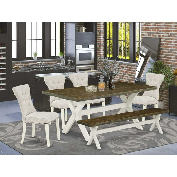 East West Furniture 6-Pc Dining Table Set- 4 Parson Dining Chairs with Doeskin Linen Fabric Seat and Button Tufted Chair Back - Rectangular Top & Wooden Cross Legs Wood Dining Table and Wooden Dining
