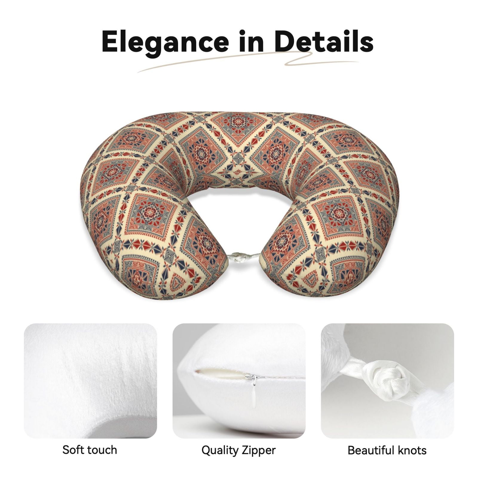 Xecao Fashion Tatreez Print Memory Foam Cervical Neck Pillow Versatile U-Shaped Pillows for Home,Office,Camping,Travelling,Soft Washable Cover