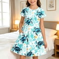 thumbnail image 2 of Rggeeun Child Girls Dresses Cartoon Animal Print Short Sleeve Crew Neck A Line Flowy Loose with Ruched Ruffle Knee Length for Summer Everyday Wear Adorable Sundress,Blue,9-10 Years, 2 of 4