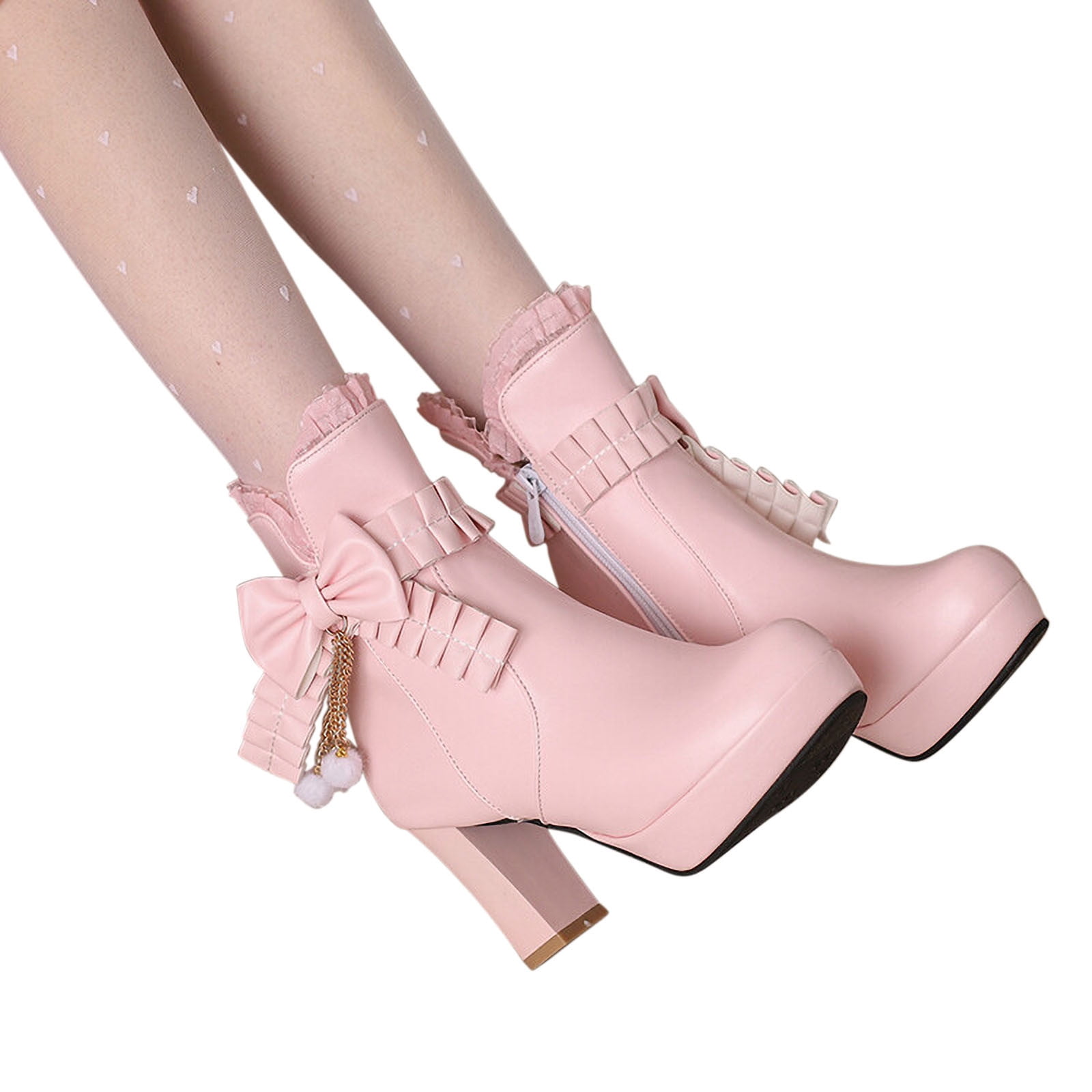 treat ürself ribbon girly pumps boots hopeusnice Women's Platform Ankle Boots Chunky Heel Bowknot Buckle