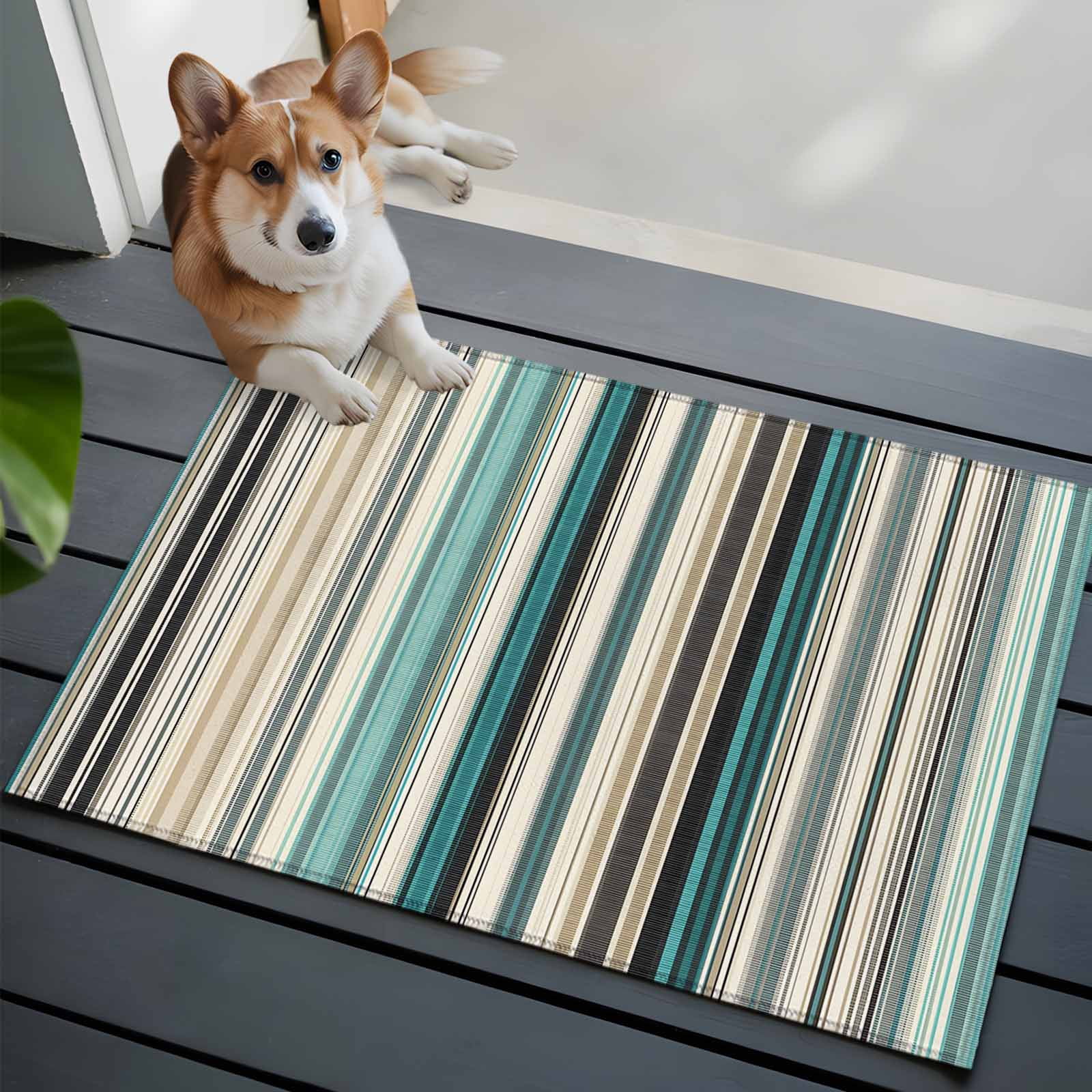 Teal Blue Striped Entryway Rug 2'x3'&nbsp; Non Slip Front Door Mats, Farmhouse Stripes Modern Abstract Art Entrance Rugs Indoor Outdoor Carpet, Washable Floor Mats Small Area Rug for Bedroom Kitchen