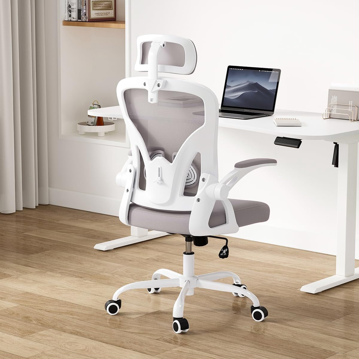 STARY Ergonomic Mesh Office Chair with Headrest, Tall Reclining Computer Chair with Adjustable Lumbar Support and Adjustable Arms for Home Office, White & Gray