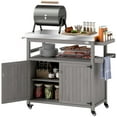 thumbnail image 2 of Outsunny Outdoor Grill Cart w/ Wheels and Storage Cabinets, Solid Wood Outdoor Kitchen Island w/ Stainless Steel Top, Integrated Hole, Gray, 2 of 9