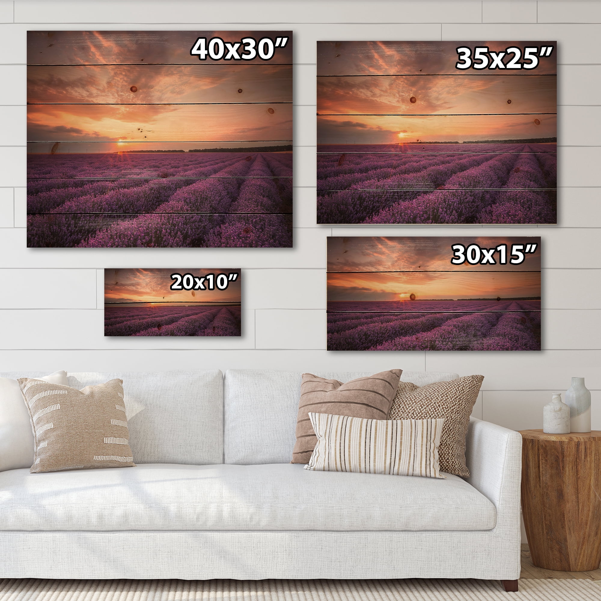 Designart 'Dramatic Clouds and Sunrise Over Lavender Field XII' Farmhouse Print on Natural Pine Wood