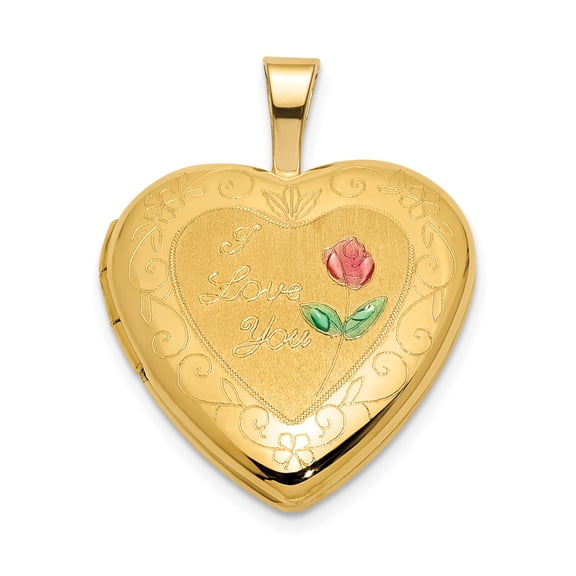 14k Yellow Gold Heart Locket Pendant Charm with I Love You Rose Enamel Design for Women