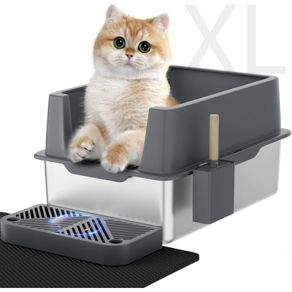 Stainless Steel Litter Box with Lid, XL Metal Cat Litter Box with Removable High Sided Enclosed, Foot Pedal & Scoop & Litter Mat for Big Cats, Anti-Urine Leakage, Non-Stick Bottom, Easy Cleaning