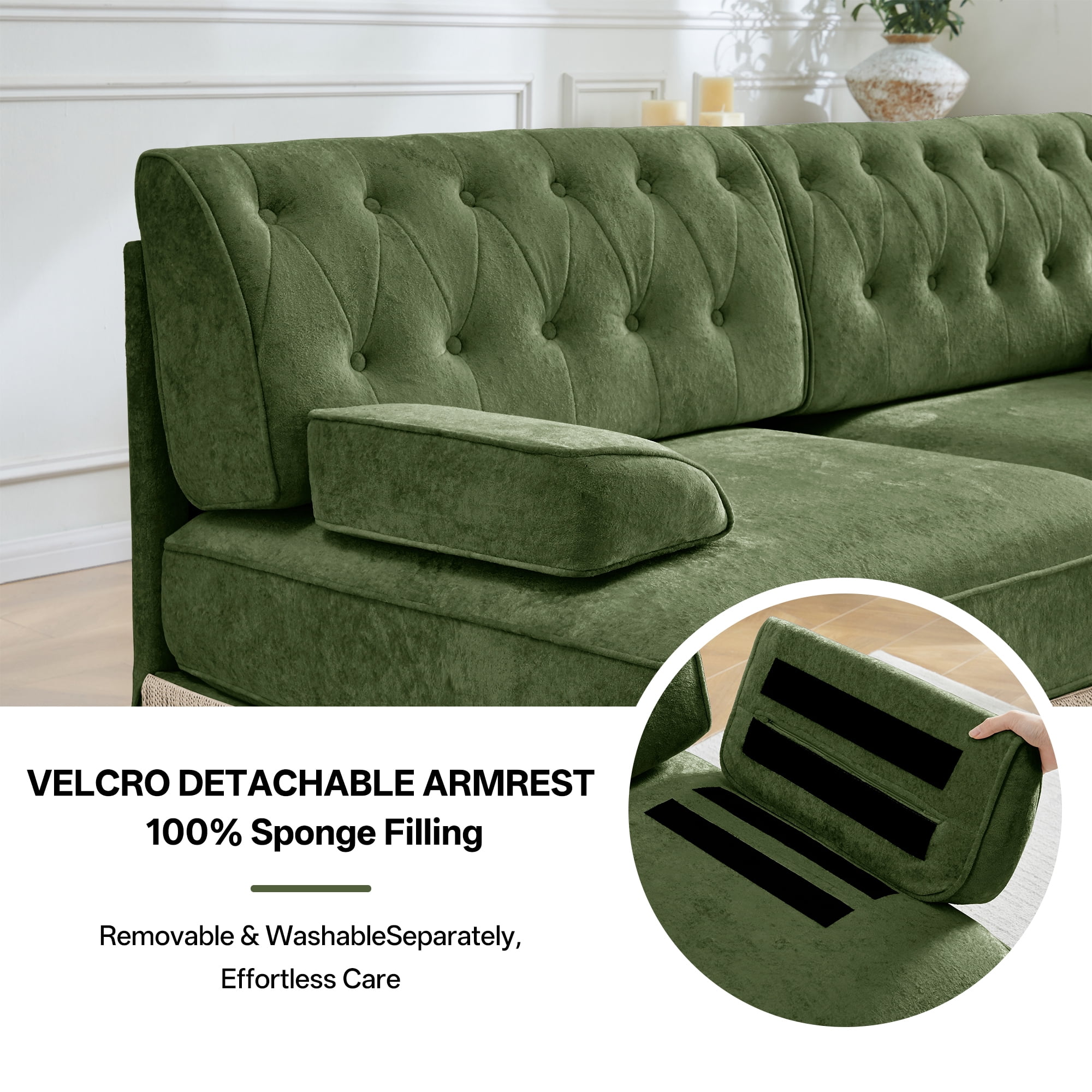 Alvantor L-Shaped Sectional Sofa 3-Seater Cloud Couch with Tassel Skirt,Button Tufted and Wooden Base for Living Room, Easy Assembly Green
