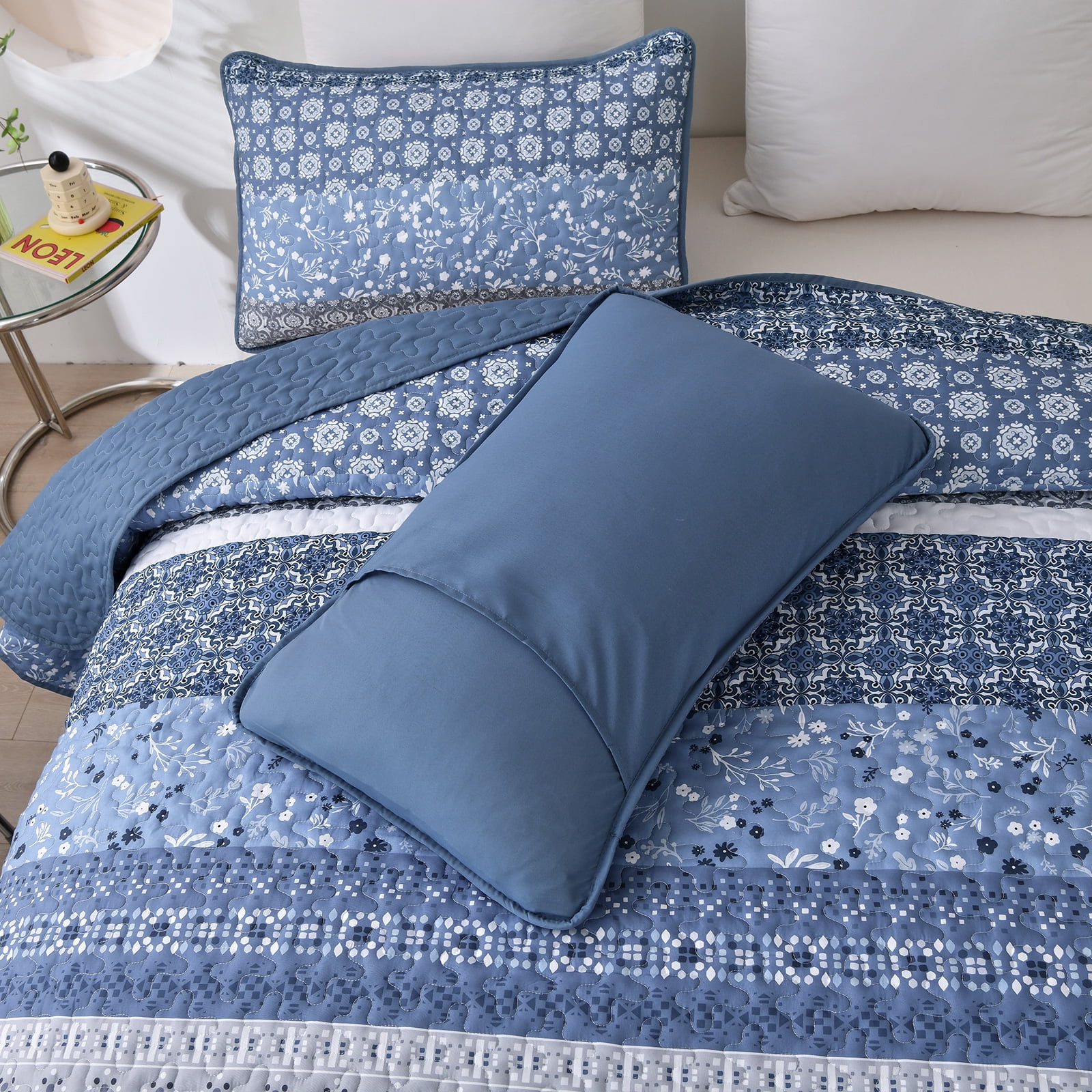 Dintszyayue 3Pcs Floral Boho Quilt Set Queen,Blue Bohemian Striped Patchwork Bedspread Adult(90"×96")