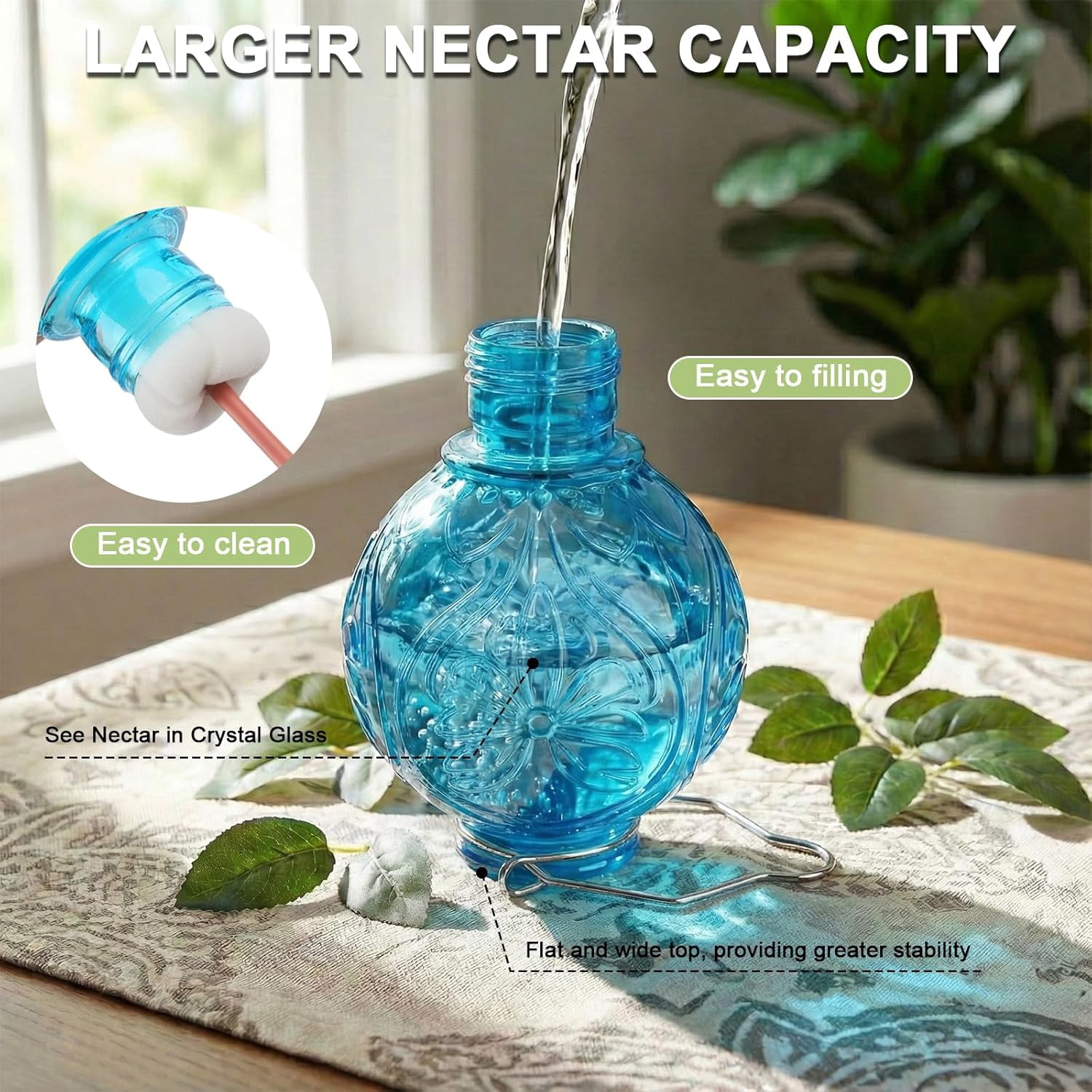 Glass Hummingbird Feeder for Outdoors Hanging, 25Oz Humming Bird Nectar Feeders with Perch & 5 Flower Feeding Ports, Leak Proof for Outside Garden Decor, Gifts for Women (Blue)