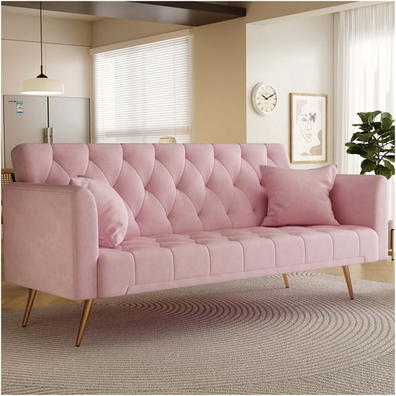 Pink Velvet Convertible Sofa Bed for Small Spaces, Retro Loveseat with Golden Legs, Multi-Functional Sleeper for Living Room, Office