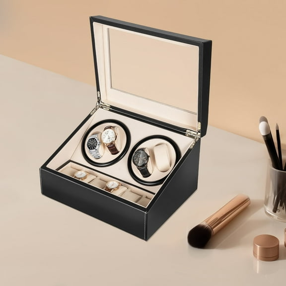 Peakora Watch Winder for 4 Automatic Watches and 6 Watch Storage Bits Rotations High Gloss Brown Finish with Acrylic Window Faux Leather Lined Locking Wooden 4-Watch Winder with 6-Watch Storage Area