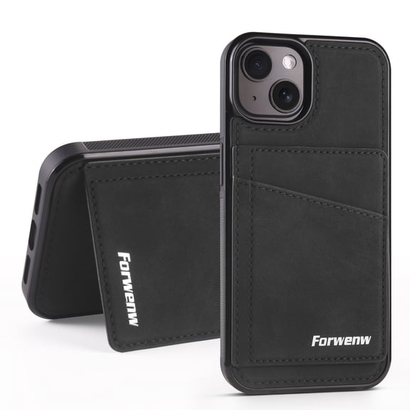 Dteck RFID Blocking Wallet Back Card Holder Case for iPhone 13, Shockproof Rugged Slim PU Leather Hard Cover, Black