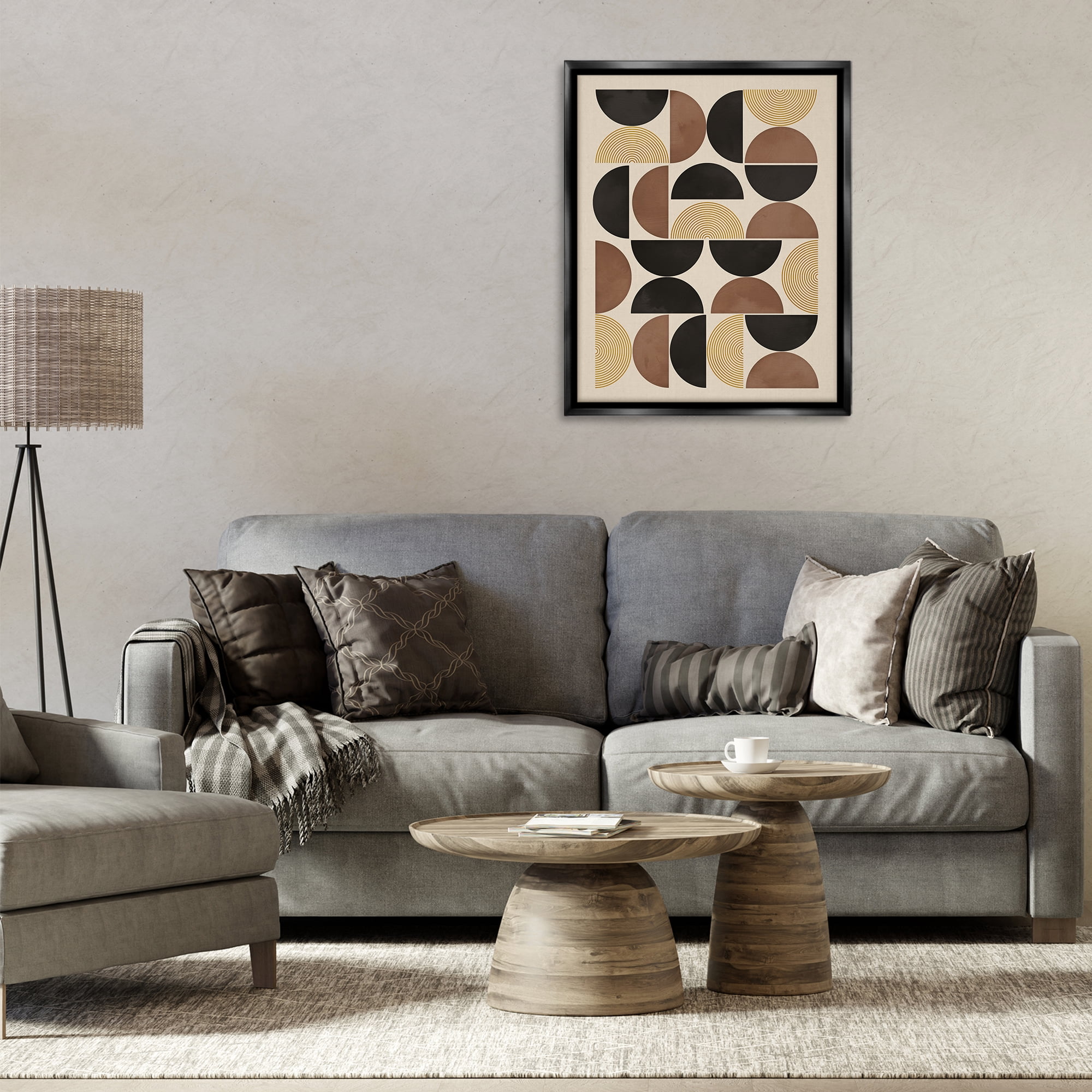 Stupell Industries Midcentury Beige Shapes Abstract Painting Black Floater Framed Canvas Art Print Wall Art, 25 x 31