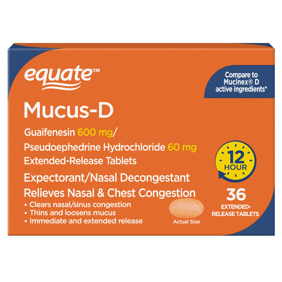 Equate 12 Hour Mucus‑D Guaifenesin and Pseudoephedrine Extended‑Release Tablets, 600 mg/60 mg, 36 Count