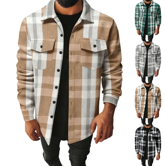 RYDCOT Flannel Shirt for Men Plaid Button Down Long Sleeve Shirt Soft Casual Windbreaker Jacket Tops with Two Chest Pockets Khaki