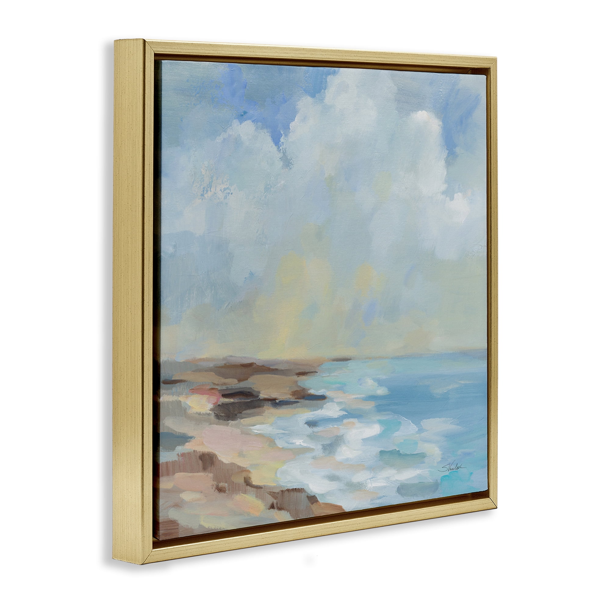 Stupell Industries By The Beach Shore Nautical & Beach Painting Gold Floater Framed Canvas Art Print Wall Art, 25 x 25