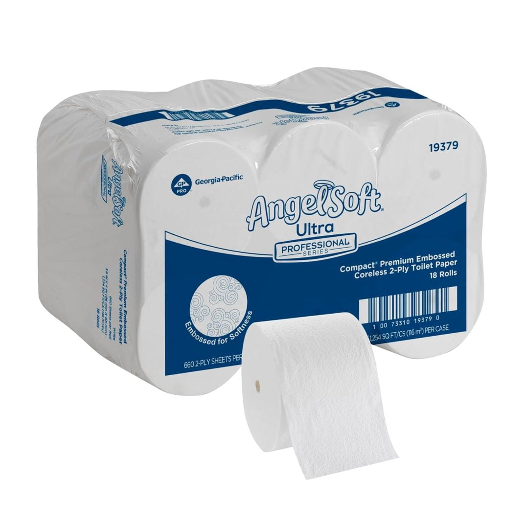 ANGEL SOFT ULTRA PROFESSIONAL SERIES® COMPACT® PREMIUM EMBOSSED CORELESS 2-PLY HIGH-CAPACITY TOILET PAPER, 660 SHEETS/ROLL, 18 ROLLS