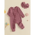 thumbnail image 3 of Suealasg Baby Girl Full Length Jumpsuit +Headband 3 6 12 Months Newborn Girl Long Sleeve Ruffle Zip Up Romper Bodysuits 2Pcs Infant Girl Fall Clothes, 3 of 8