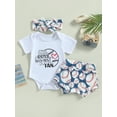 thumbnail image 2 of Wassery Infant Girls Summer Romper Outfit Sets 3pcs Letters Print Short Sleeve Crew Neck Bodysuit+Baseball Print Shorts+Headband 0-18M, 2 of 8