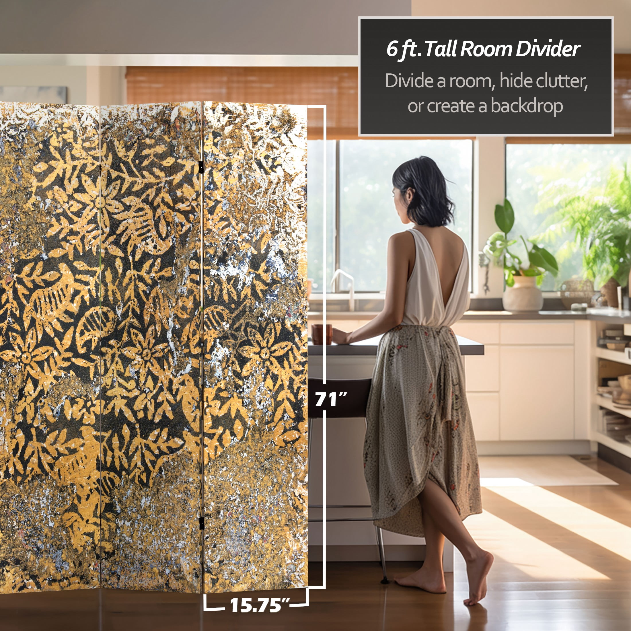 Red Lantern 6 ft. Tall Flowering Gold Canvas Room Divider - 3 Panel, Freestanding, Foldable Screen