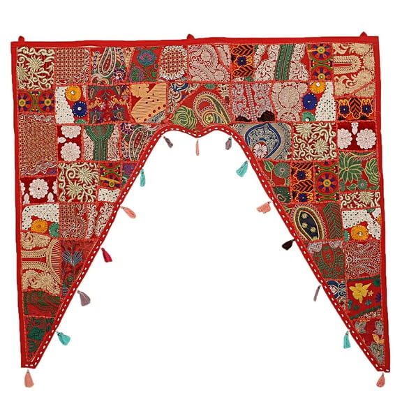 Stylo Culture Indian Cotton Swag Curtain Large Door Valance Kids Room Red Vintage Embroidered Patch Work Floral Scarf Curtain Topper Home Decor Window Covering Hanging Toran Gate | 45 x 41 Inches
