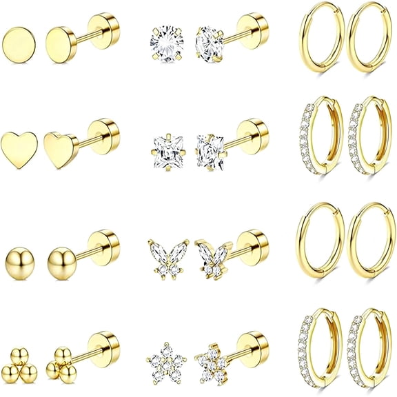 TAETOE Hypoallergenic 18K Gold Plated Flat Back Earrings for Women Men Surgical Stainless Steel Earrings for Sensitive Ears Small Stud Hoop Cartilage Earring Stack Set for Multiple Piercing Jewelry