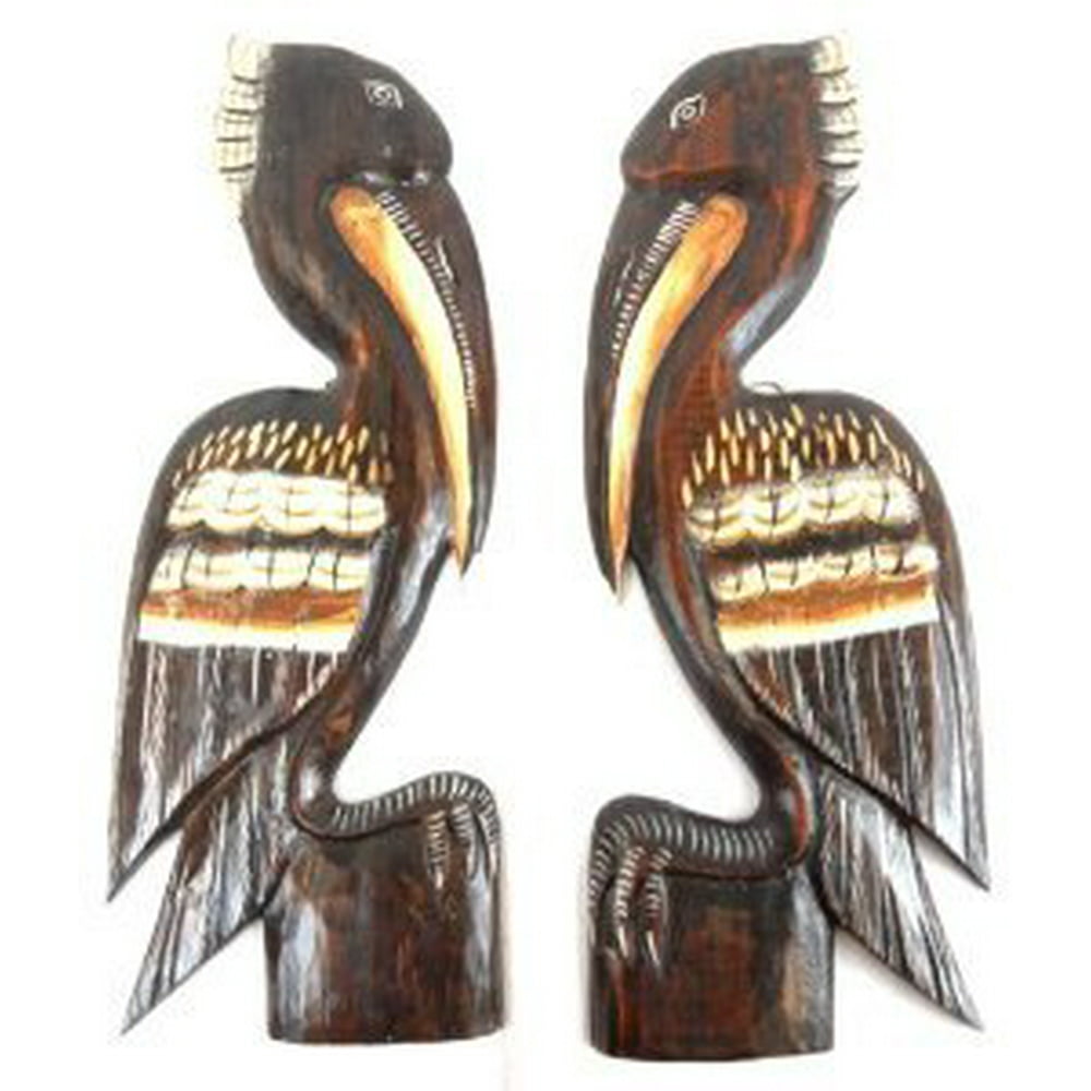 2 Hand Carved Set of Brown Wood Pelicans Wall Art Hang ON Wood Piling