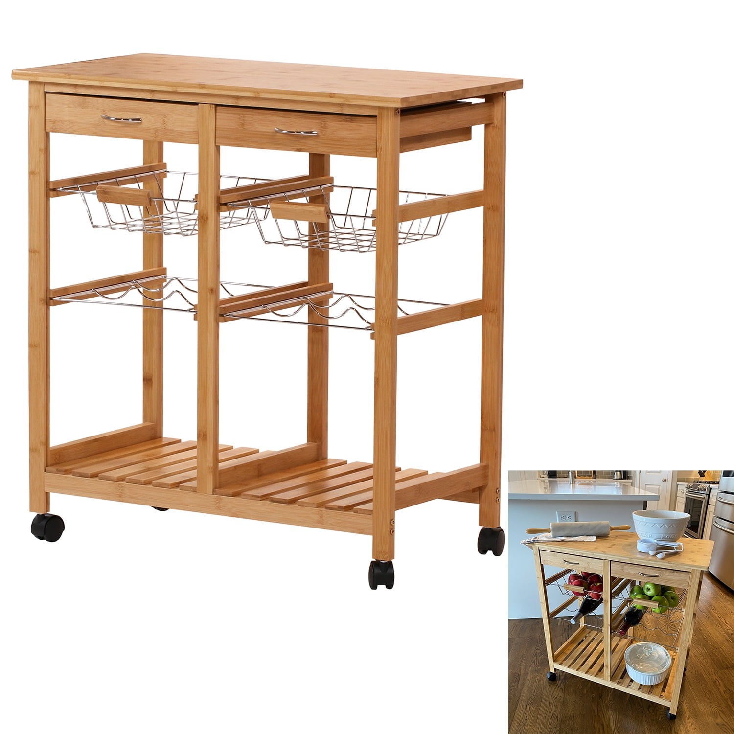 Storage Rack Wood/Chrome AmazonBasics Kitchen Rolling Microwave Cart on
