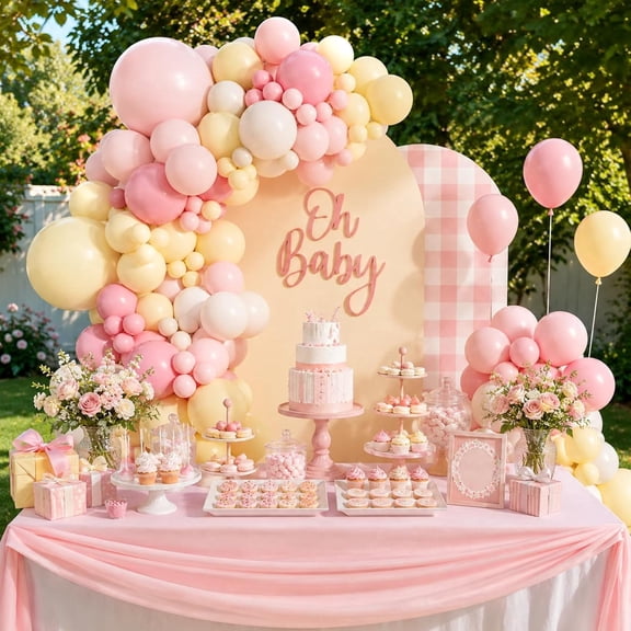 Pink and Yellow Balloon Arch Kit, 124pcs Pastel Pink Light Pink Yellow Sand White Balloons for Birthday Baby Shower Bridal Shower Wedding Bee Bear Themed Party Decorations