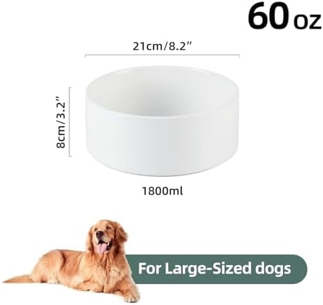 Non-Slip 8.2inch Ceramic Dog Food and Water Bowl for Large Breed Dogs, Pet Bowl for Replacement (Single Bowl, White)