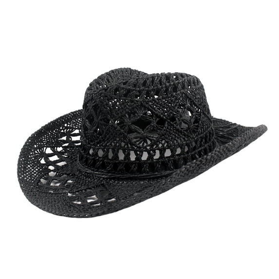 Pnellth Cowboy Hat Classic Vintage Hollow Out Unisex Curled Edge Wide Brim Men Sun Hat Fishing Hat Black