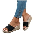thumbnail image 3 of Rokment Womens Linen Straw Patchwork Backless Sandals Boho Beach Comfortable Espadrilles Wedge Walking Slip on Stylish Casual Platform Mid Heels Dress Slides Mules Black Size 6, 3 of 6