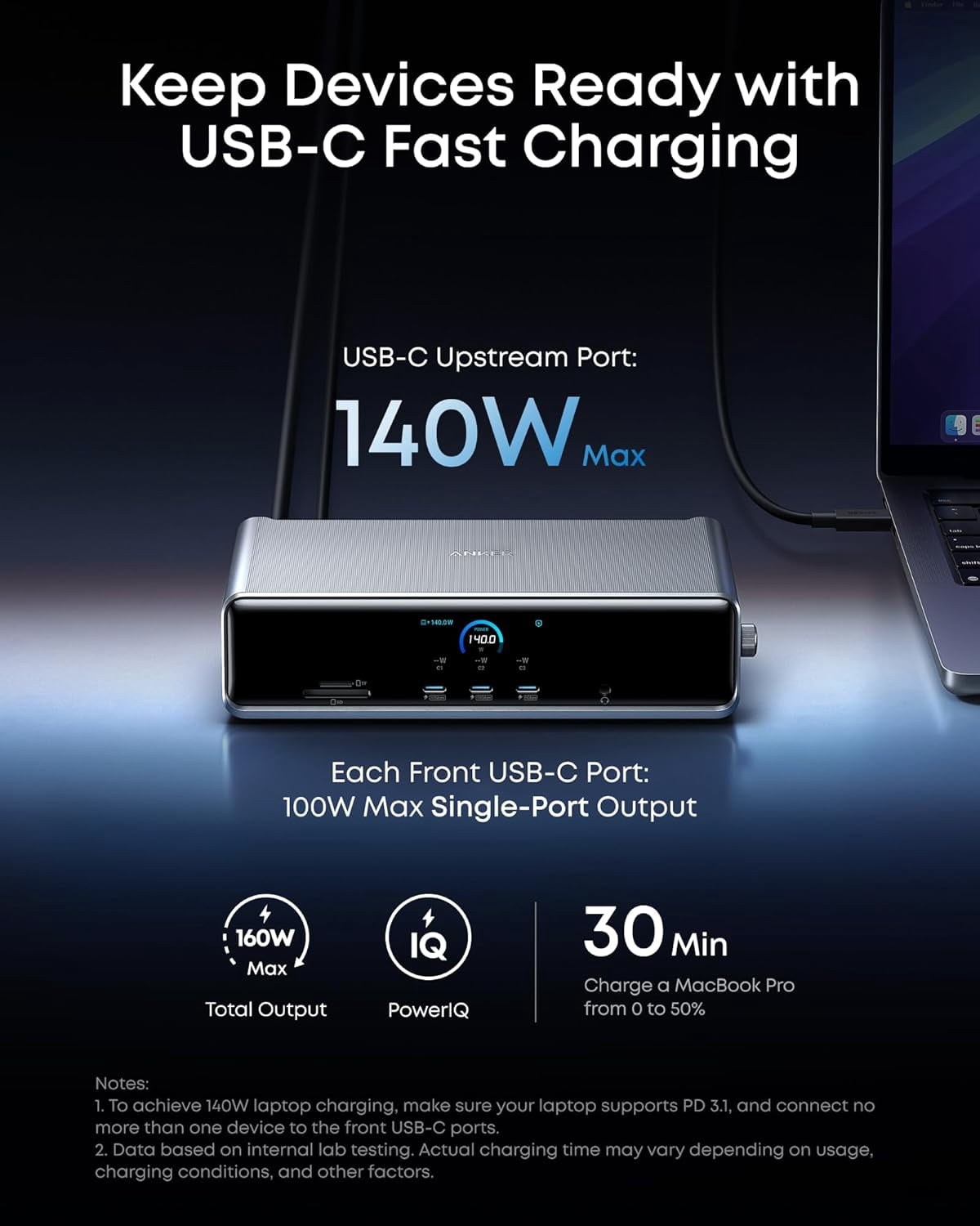 Anker Prime 14-Port Docking Station (DL7400) with DisplayLink, Triple Display Support up to 8K, 140W Max Power, Smart Display & Built-In Cooling Fan