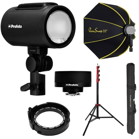 Profoto A2 Off Camera Flash Head and Connect Wireless Transmitter Kit for Fujifilm Cameras with Fp light stand 9.5' air cushnd, Glow parasnap octagonal softbox, Glow parasnap adapter for profoto a2