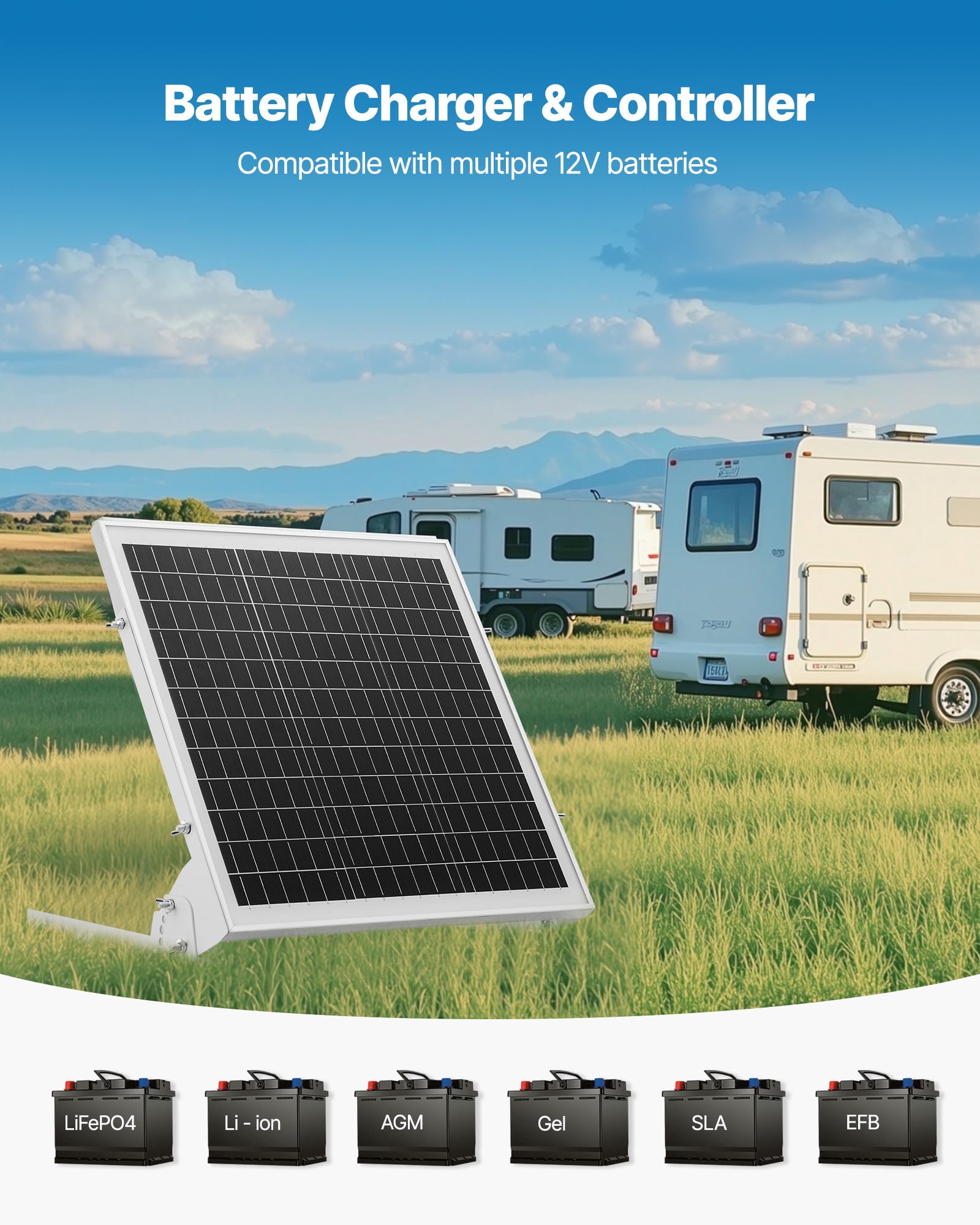 VEVOR 20W 12V Solar Battery Trickle Charger Maintainer, Mono Solar Panel Battery Charger with Built-in MPPT Controller & Adjustable Mount Bracket, IP65 Waterproof for Car Boat RV Trailer House Roof