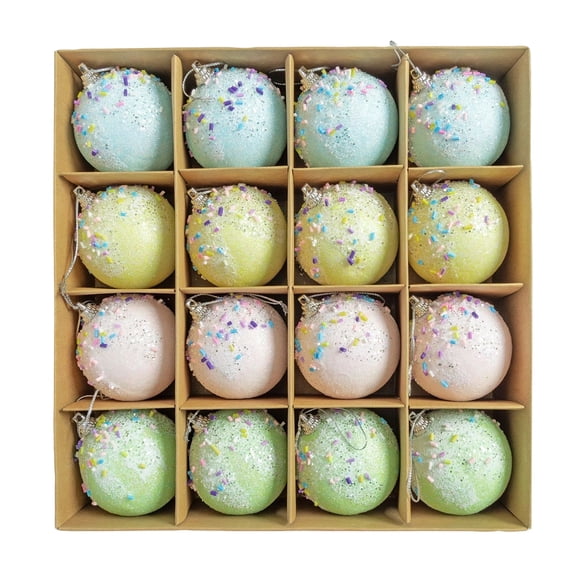 Christmas Decorations Foam Ball Ornaments, 16-Piece Glitter Sprinkle Hanging Set in Blue Green and Pink, Colorful Baubles for Christmas Trees, Home and Parties