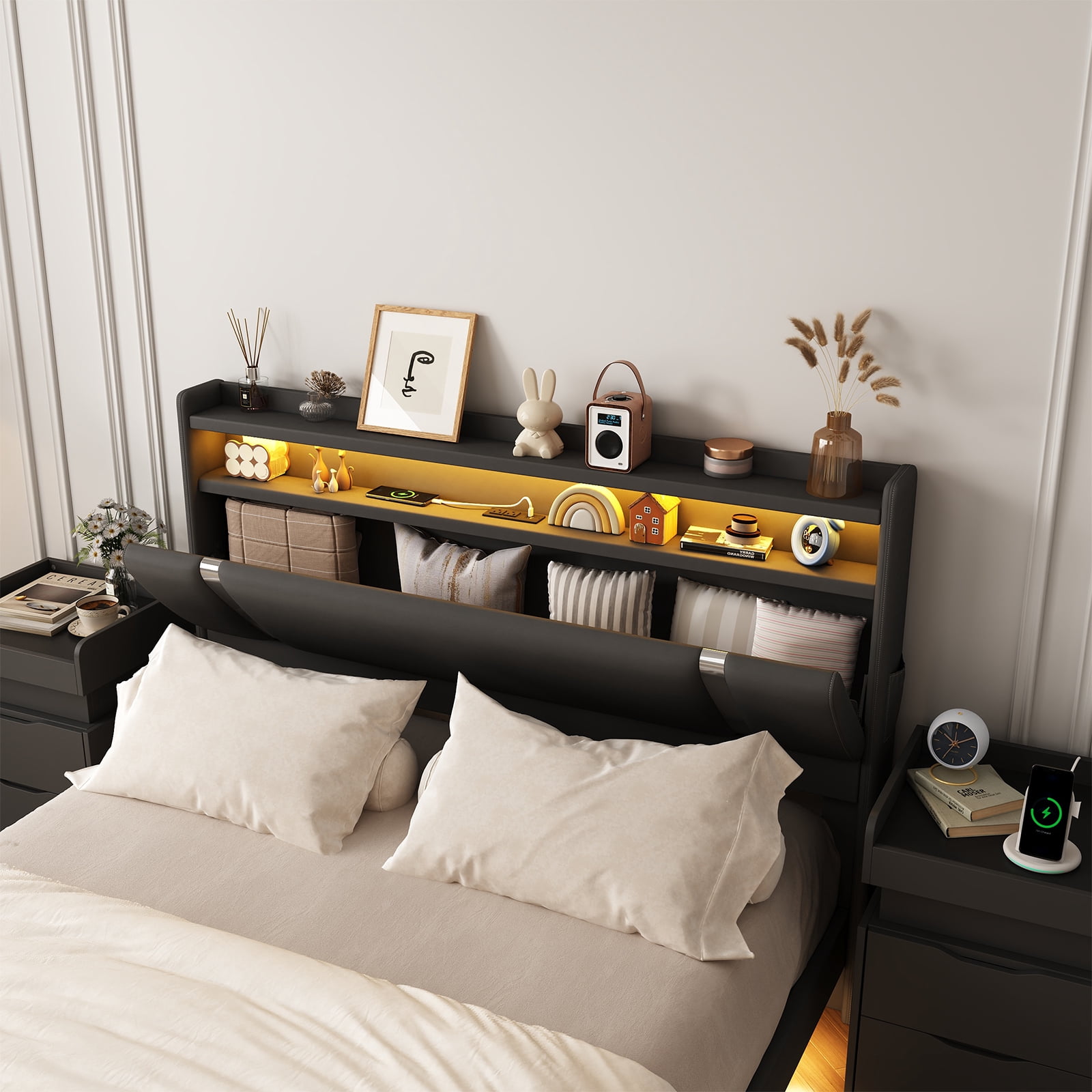 IDEALSOUL King Size Floating Bed Frame with Upholstered Storage Headboard, Metal Platform Bed with Charging Station & LED,No Box Spring Needed,Easy to Assemble (King,Black)