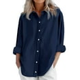 thumbnail image 2 of Oversized Tshirts for Women, Daily Casual Linen Long Sleeve Collared Blouse, Blue XXL, 2 of 6