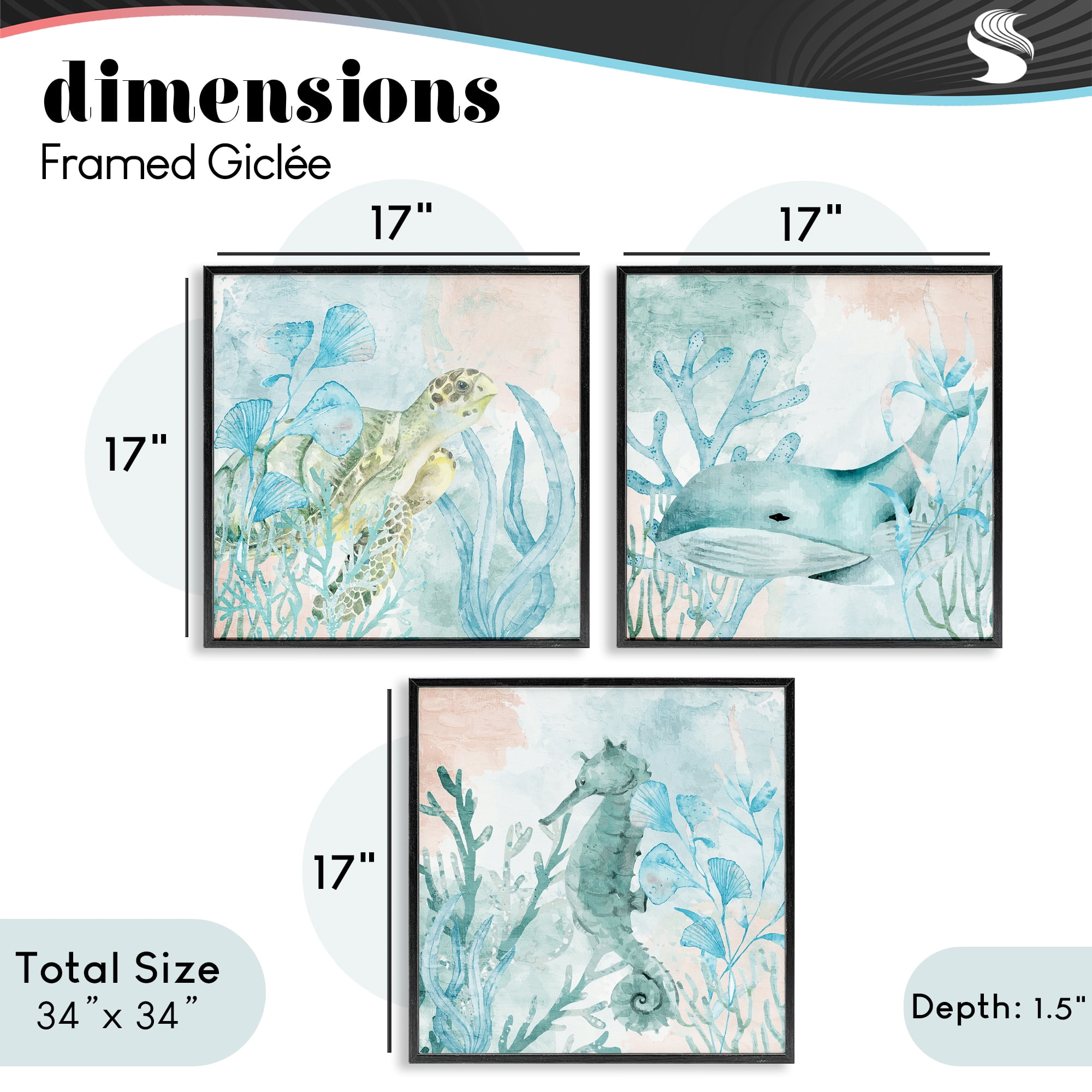 Stupell Industries Aquatic Animals Sea Swim 3 Piece Black Framed Giclee Art Set, design by Kim Allen