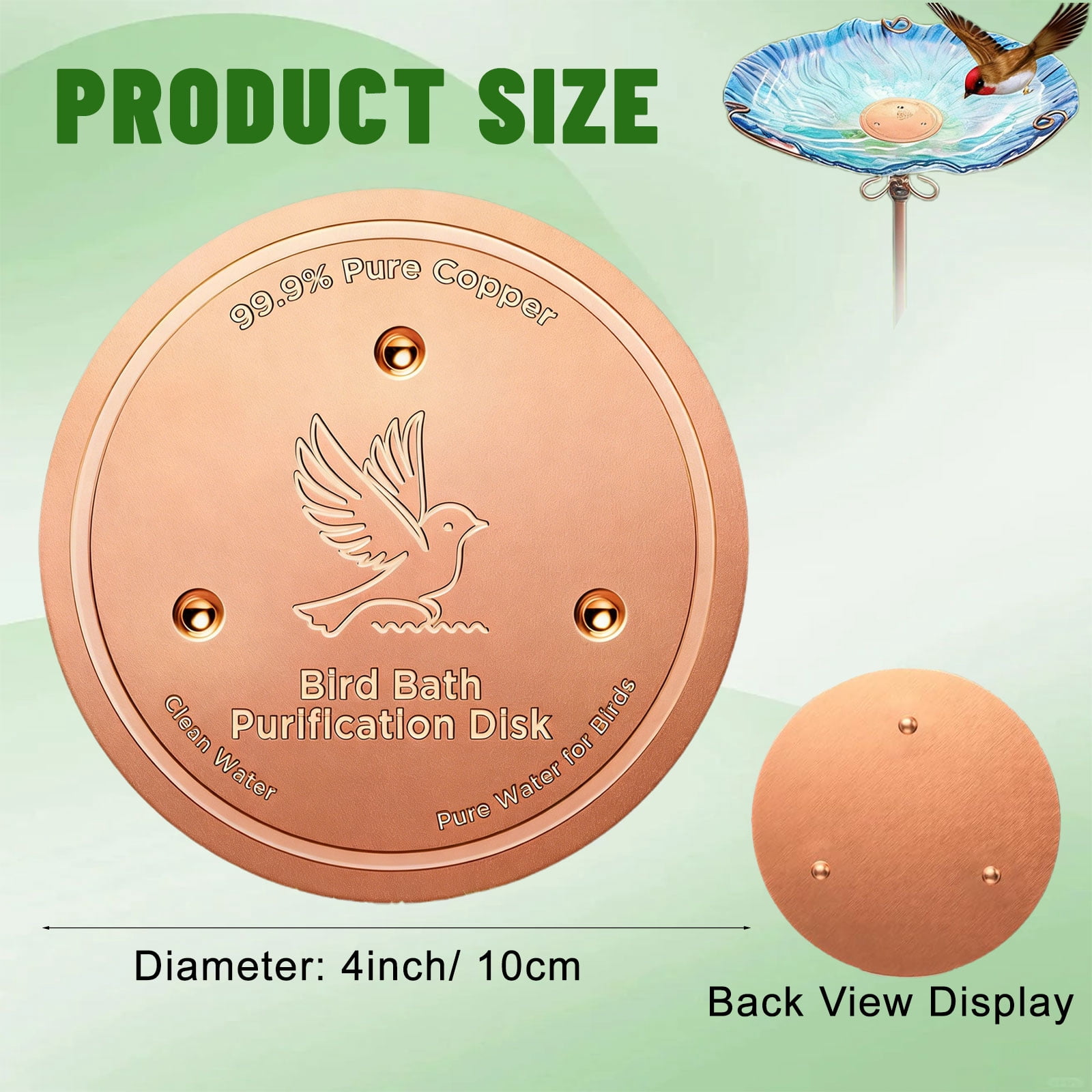Bird Bath Copper Disk, 0.6mm Reinforced 99.99% Pure Copper Cleaning Disk with Triple-Point Support for Physical Safe Clean Water All-Season, Universal Fit for Outdoor Birdbaths, Bowl, Bird Bath Solar
