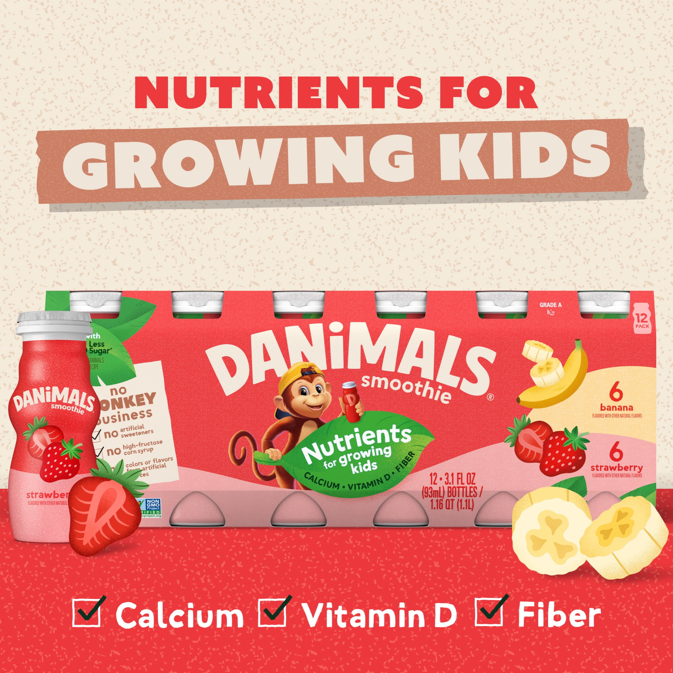 Danimals Smoothie Strawberry and Banana Split Low Fat Dairy Drink Smoothie Bottles, Multi-Pack, 3.1 fl oz, 12 Count​