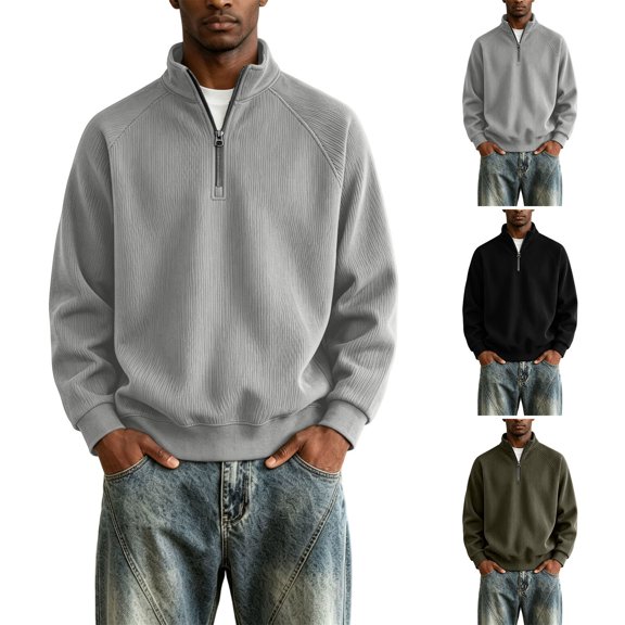 FRSASU Men's Sweatshirts Half Zip Mock Neck Pullover Ribbed Knit Sweatshirt Casual Slim Fit Fall Winter Tops Gray