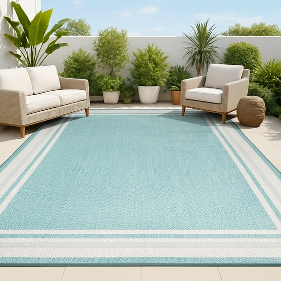 JONATHAN Y SANTA MONICA 3 x 5 Area Rug, James Border Stripe - Aqua/Beige, SMB201B-3
