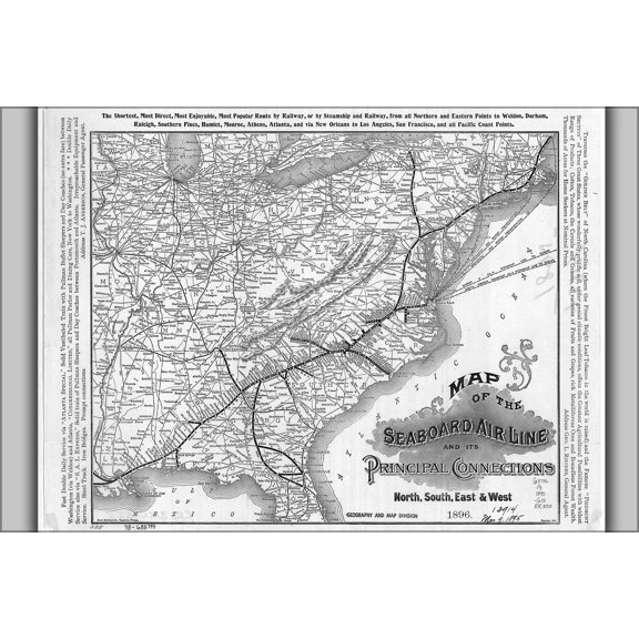 24"x36" Gallery Poster, 1896 Seaboard Air Line Railway Railroad Map