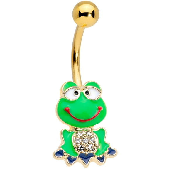 Body Candy Womens 14G Plated Steel Navel Ring Piercing Clear Accent Green Goofy Frog Belly Button Ring