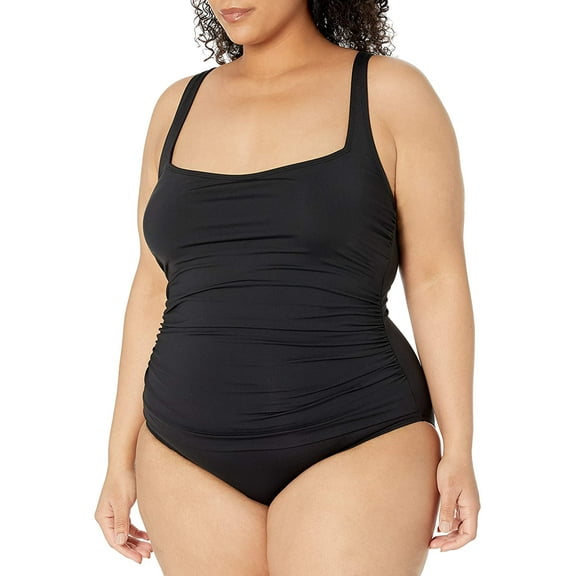 ANNE COLE Black Plus Square Neck Shirred One Piece Swimsuit, US 16W, NWOT